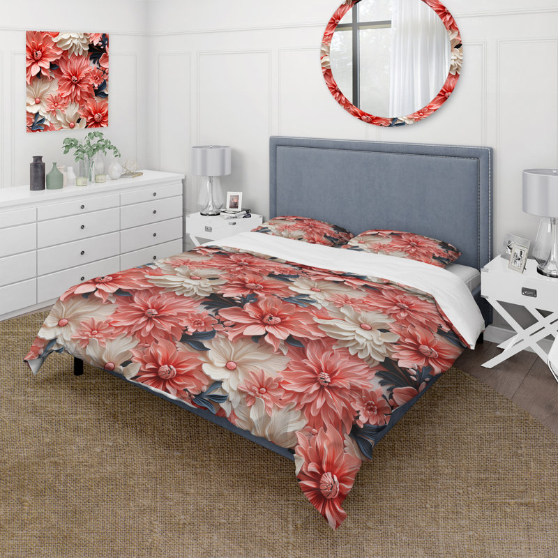Coral Twilight Iv Tropical Pattern I Floral Duvet Cover, Queen Duvet Cover + 2 Standard Shams