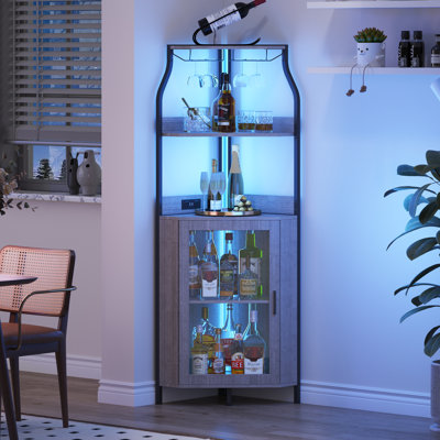 Corner Wine Cabinet with Removable Wine Rack, Industrial Wine Cabinet with Glass Holder and Mesh Door, Liquor Coffee Bar Cabinet with Adjustable Shelv