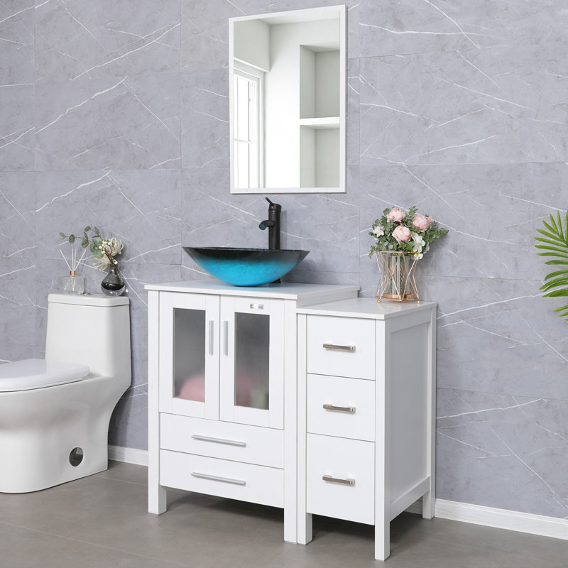Ensemble de meuble-lavabo simple 3 po avec lavabo 3 veseel, robinet et drain 3 combo, Blanc