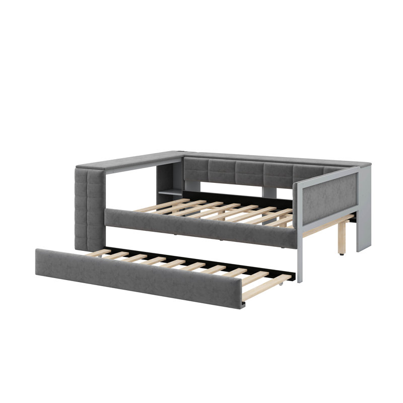 Lit plateforme tapissier pleine grandeur avec tablettes, bureau, lit gigogne et station de charge, gris