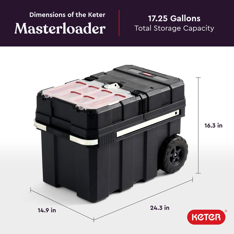 Keter Masterloader Rolling Tool Box with 18in Cantilever Locking System and Removable Bins Ideal Organization and Storage Chest, Black
