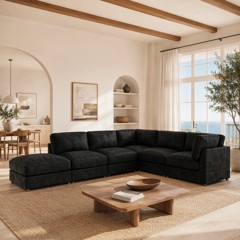 Canapé modulaire rembourré en velours côtelé, Black Faux Leather, Black
