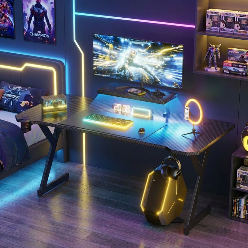 Gaming Desk with Monitor Stand and LED Light, Carbon Fiber  Computer Desk with Y-Frame, Cup Holder, Headphone Hook and Desk Mat, Black