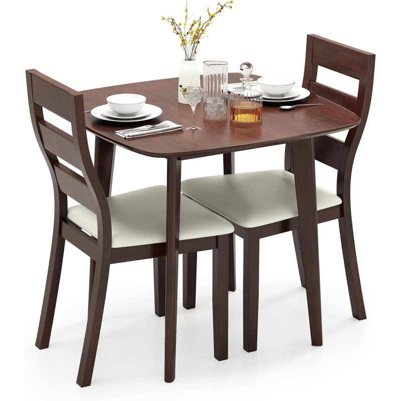 Ensemble de table de salle à manger 3 pièces en bois - Table de cuisine carrée avec 2 chaises rembourrées à dossier en échelle, petit coin-repas pour les petits espaces