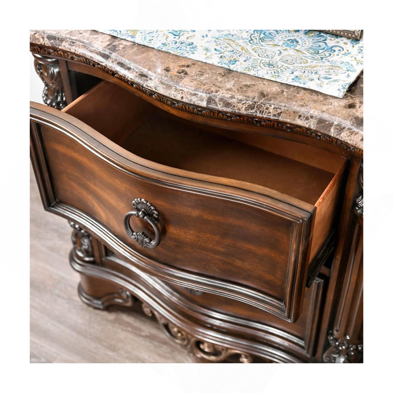 Table de chevet en marbre véritable avec 2 tiroirs, cerisier brun