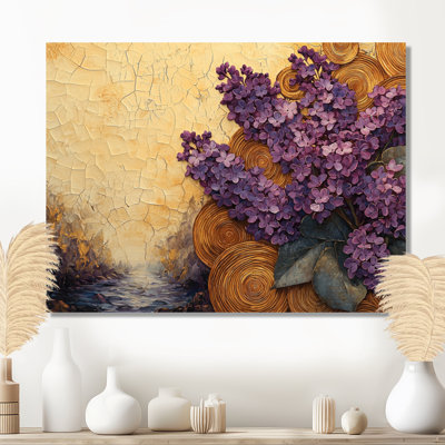 Fleurs de lilas dans un motif de glissière en bois II - reproduction d'art traditionnelle en métal, décoration murale en métal lilas