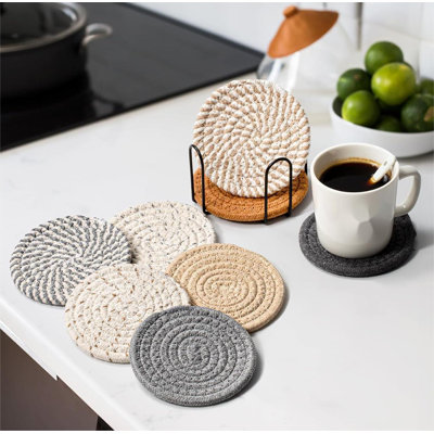 Cotton Round 8 Piece Coaster Set With Holder