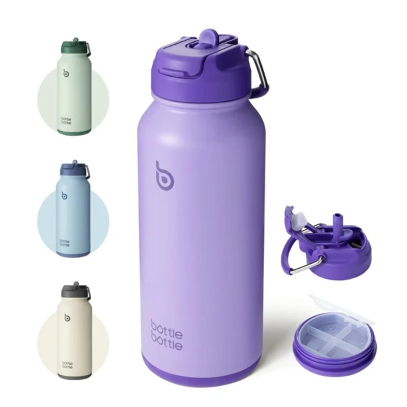 Bouteille d'eau isotherme 32 oz en acier inoxydable avec couvercle en paille à double usage pour salle de sport avec boîte à pilules (mauve foncé)