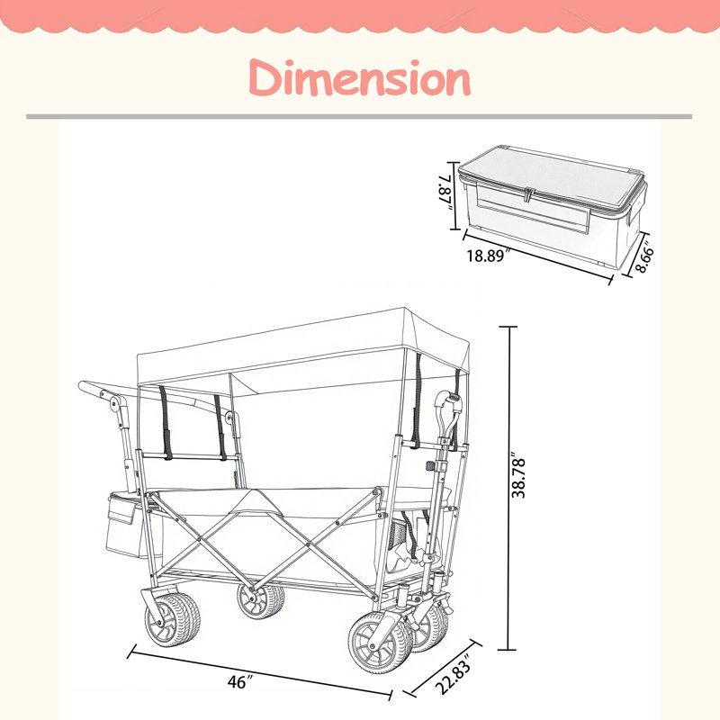 Avec poignée-poussoir, chariot pliable de 480 lb avec auvent, chariot de chariot avec roues tout-terrain de 7 po, chariot pliable léger, grande capacité de camping