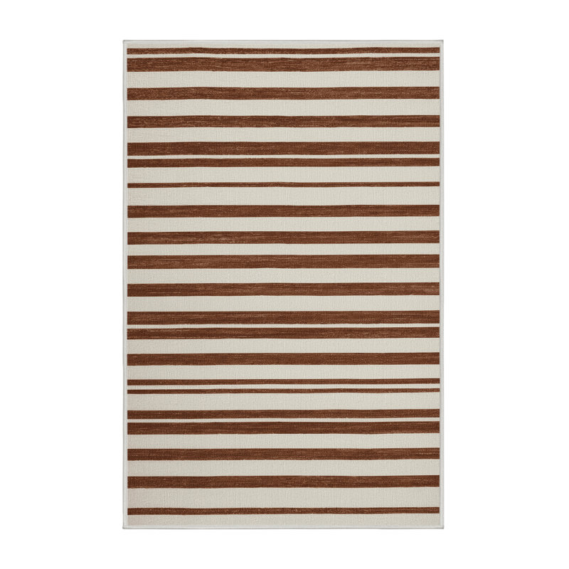 Tapis beige à rayures horizontales lavable à la machine, Rectangulaire 8 pi x 10 pi