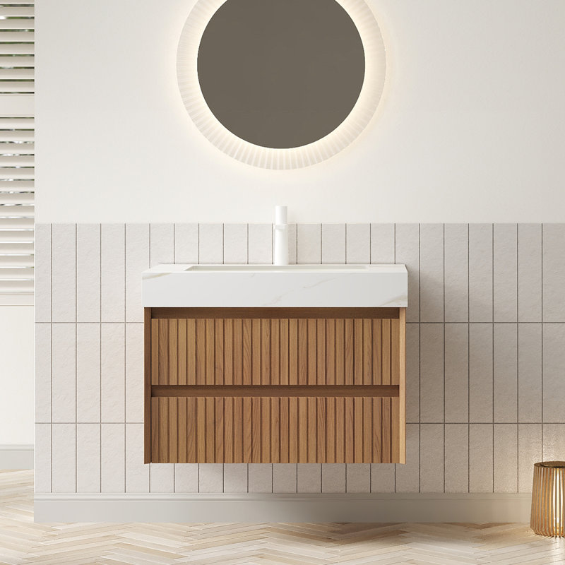 Tilley 30" Bathroom Vanity&sink, Wall-mounted Stripe Plywood Storage Cabinet With 2 Drawers, Calacatta Gold Sintered Stone Top With Ceramic Undermount Basin, Pre-assembled, Espresso Woodgrain Color