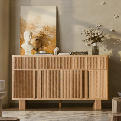 Fluted Buffet Cabinet with 3 Doors & 3 Drawers, 47” Wide Modern Sideboard with Faux Marble Top, Rounded Corners, Storage for Dining Room, Living Room, Hallway