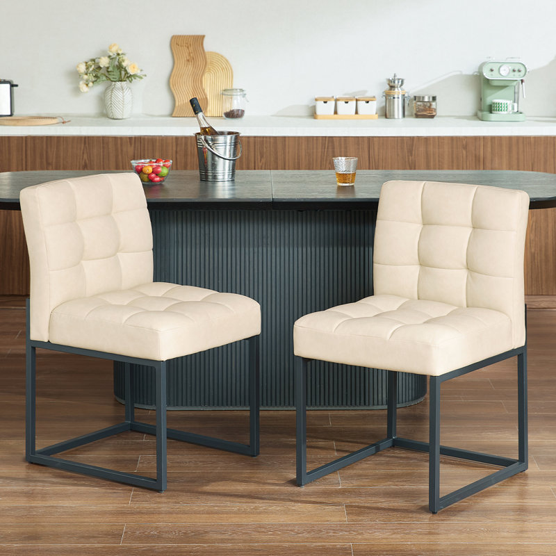 Beige Faux Leather Dining Chairs , Mid-Century Modern Dining Room Chairs with Armless, Checkered Kitchen Chair with Metal Legs