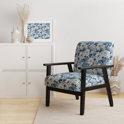 Blue And White Blooming Floral Pattern - Upholstered Farmhouse Arm Chair, Blue Accent Chair