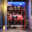 Lit mezzanine simple en bois avec bureau, support de rangement latéral, tablettes multiples et lumière RVB, rouge-130583963