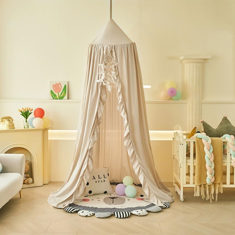 Princess Round Dome Bed Canopy With Ruffled, Ivory, 65 X 250 X 400Cm