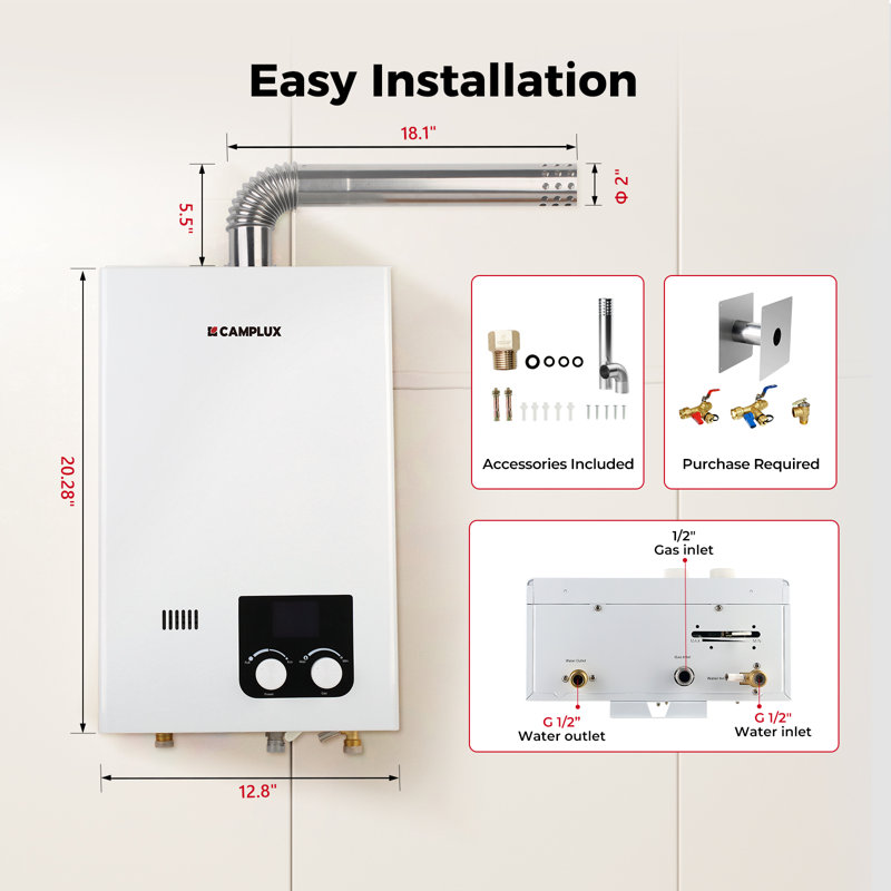 Chauffe-eau sans réservoir Camplux 2,64 GPM 68 000 BTU sur demande pour douche