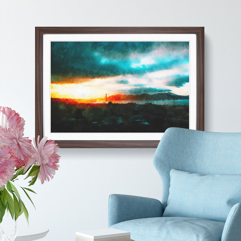 San Francisco Skyline 1 Piece Single Picture Frame Painting on MDF, 24cm H x 33cm W x 2cm D, Walnut Framed