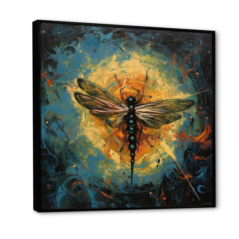 Peinture expressive de libellule, H 16 po x l 16 po x P 1 po, Cadre flottant noir
