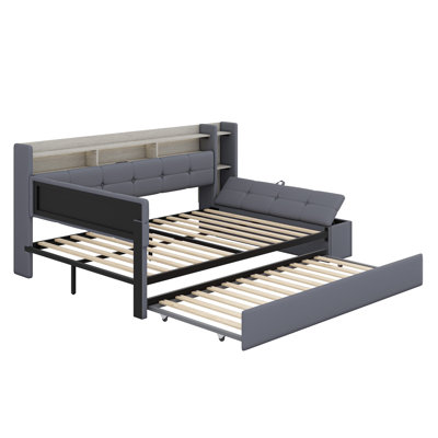 Upholstered Daybed with Storage Footstool, Shelves, Trundle, USB Charging & LED Light