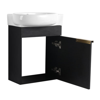 Soft Closing Vanity With 16-Inch Sink, Storage Rack, Round Ceramic Plywood, Modern Style For Bathroom Sink And Design Small Spaces, Solution, Black Chestnut Finish
