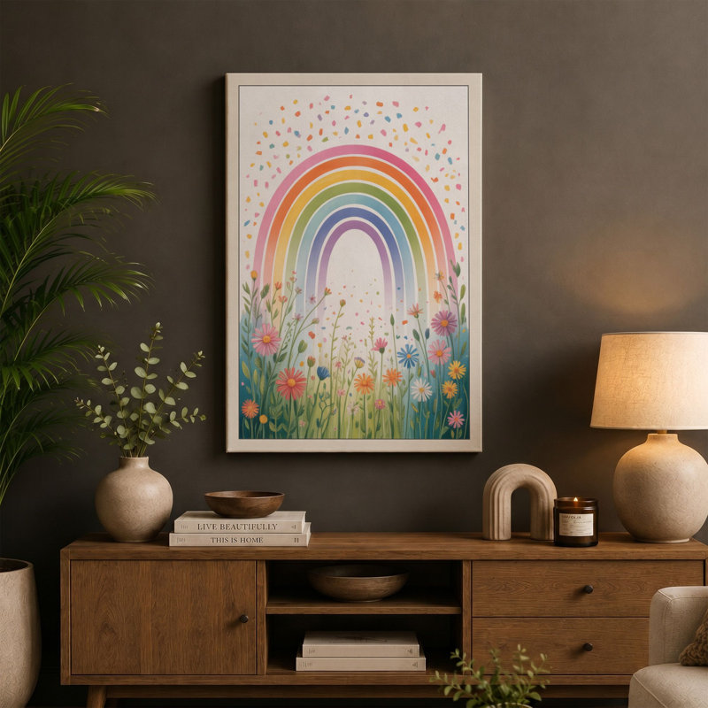 Rainbow Over Wildflowers Botanical - Wrapped Canvas, 30x20 - 76.2 x 50.8 cm, Ochre Border