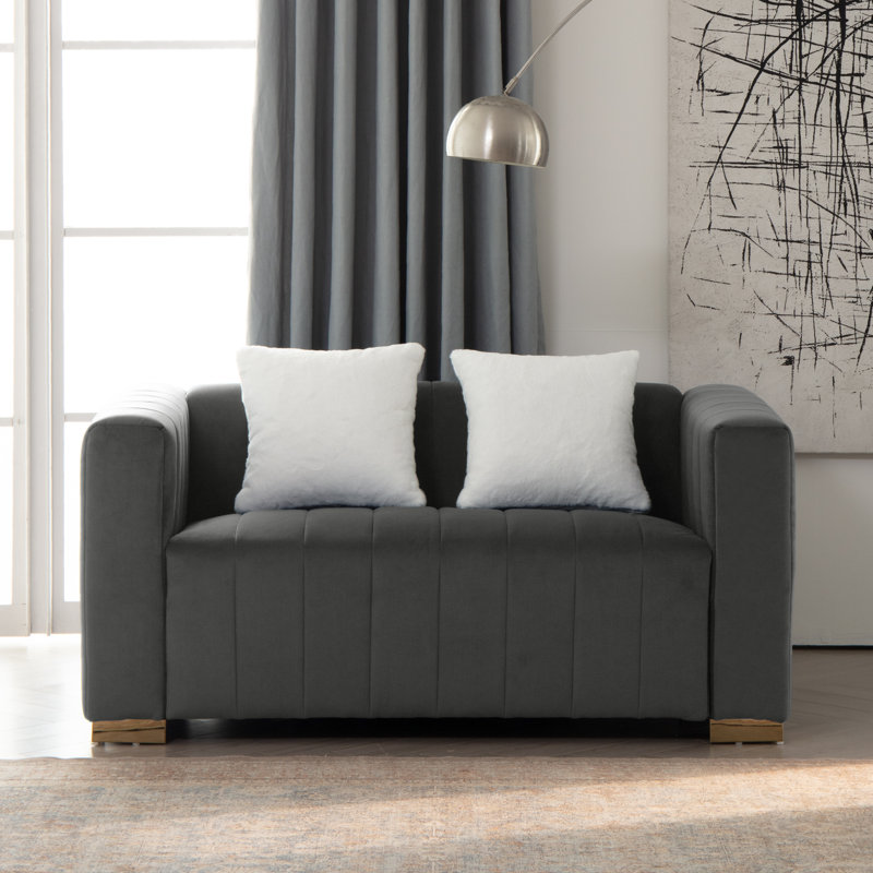 Causeuse à accoudoirs carrés en velours 62,6 po avec 2 coussins Clifford, Doré, Gris, H 27,56 po x l 62,6 po x P 33,86 po