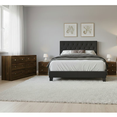 Clower King Tufted Upholstered Panel Bed With 1 Dresser & 2 Nightstands