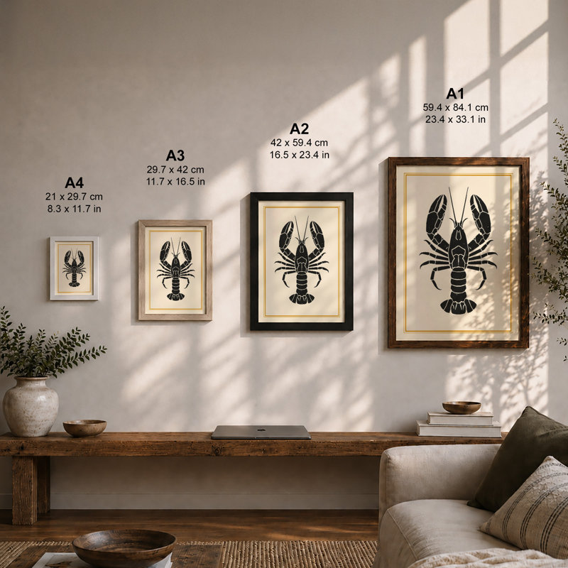 Lobster Silhouette Minimalist - Framed Print, A2 - 59.4 x 42.0 cm, Black