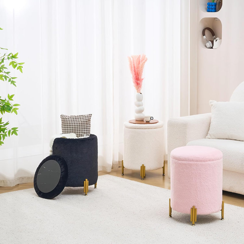 Repose-pieds rond en velours avec rangement, Rose