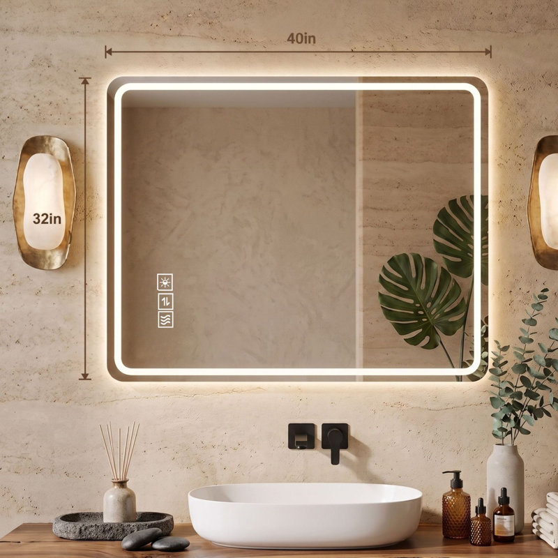 40" x 32" Frameless Rectangular LED Bathroom Vanity Mirror with Defogger Front Lit Dimmable Wall Mounted Smart Mirror