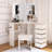 Corner Makeup Vanity Desk with LED Lighted Mirror – 3-Color Adjustable Lighting, 5 Rotating Drawers, Power Outlet, Open Shelves & Stool, Elegant Dressing Table for Women and Girls-1948209309