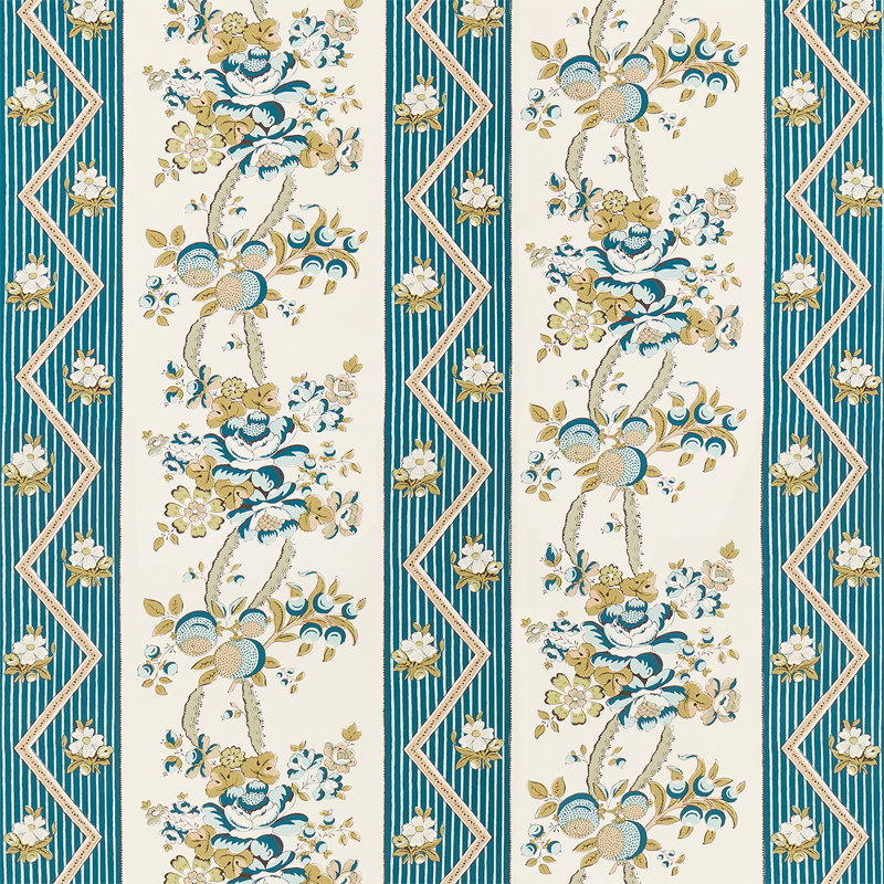 Papier peint à rayures florales Sylvain, Bleu sarcelle