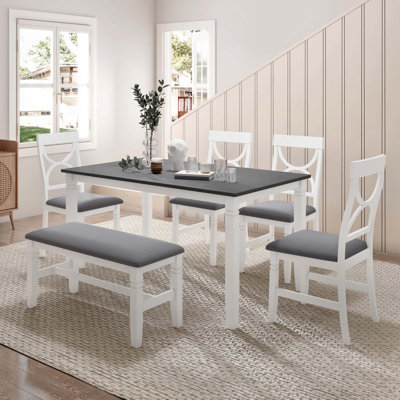 6PCS Farmhouse Wood Dining Set, Kitchen Table With Upholstered Bench And 4 Dining Chairs