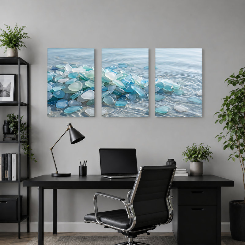 Ensemble de 3 toiles bleues et blanches en verre ondulé, H 24 po x l 16 po x 3 pièces
