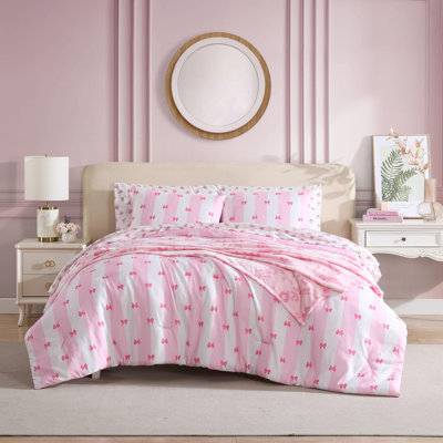 Betsey Johnson Bow Stripe Pink Reversible Bed Set