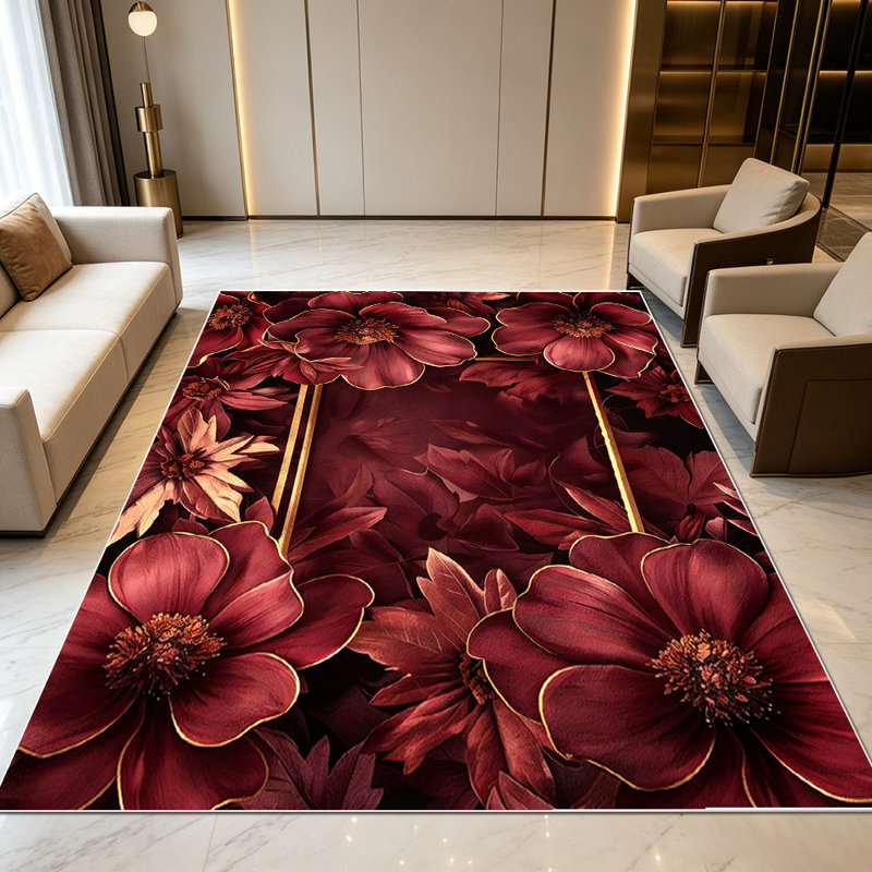 1PC Burgundy Red Floral Gold Frame area rugs for Living Room, Soft and Comfortable, Suitable for all seasons, easy-to-maintain, machine washable Indoor floor mat, Under Table Farmhouse suitable for dining table, bedroom, entryway, kitchen, hallway,