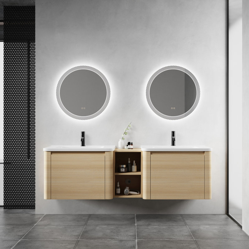  Ensemble de meuble-lavabo mural double 68 po avec lavabos en céramique simples et tablettes de rangement ouvertes 68 po, 68"