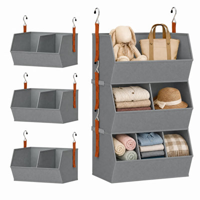 Très grande étagère à vêtements suspendue en tissu à 3 niveaux avec séparateurs pour dortoir pour chambre à coucher, système de rangement pliable, gris