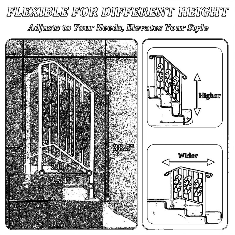Ensemble de rampes d'escalier d'extérieur pour 2-3 marches, rampe en fer forgé avec conception à volutes, hauteur et largeur réglables, revêtement antirouille pour porche et escalier extérieur