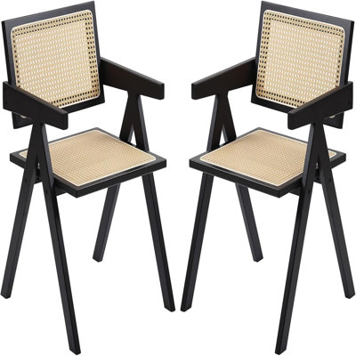 Ensemble de 2 chaises de salle à manger en rotin de style Mid-Century avec accoudoirs, chaises en bambou d'extérieur pour chambre à coucher, salon, salle de lecture, noir