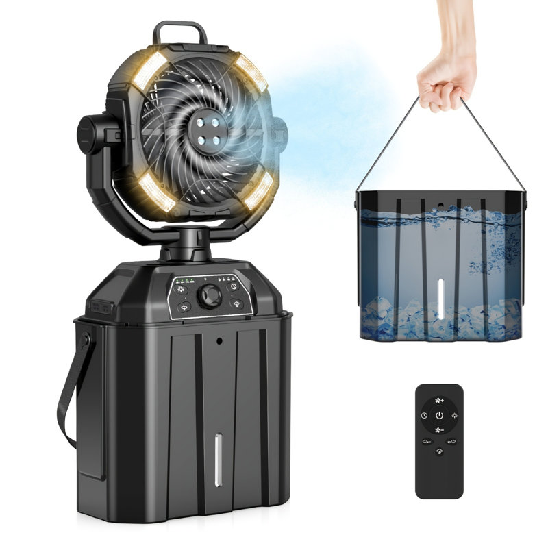 Misting Fan Portable 6L Bucket Camping Fan With Led Light Remote & Hook, 4 Spray Mister, Black, Black