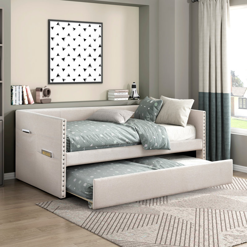 Modern Daybed Pull-Out Trundle With Side Pockets, Twin Upholstery Daybed And Nailhead Trim, Beige