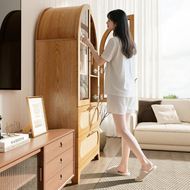 Armoire de rangement arquée en bois avec portes en rotin, étagère de présentation autoportante à 3 niveaux avec rangement caché