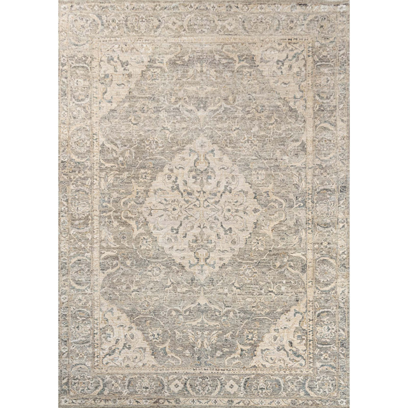 Tapis gris et or noué à la main de haute qualité, Rectangle de 5 pi x 8 pi