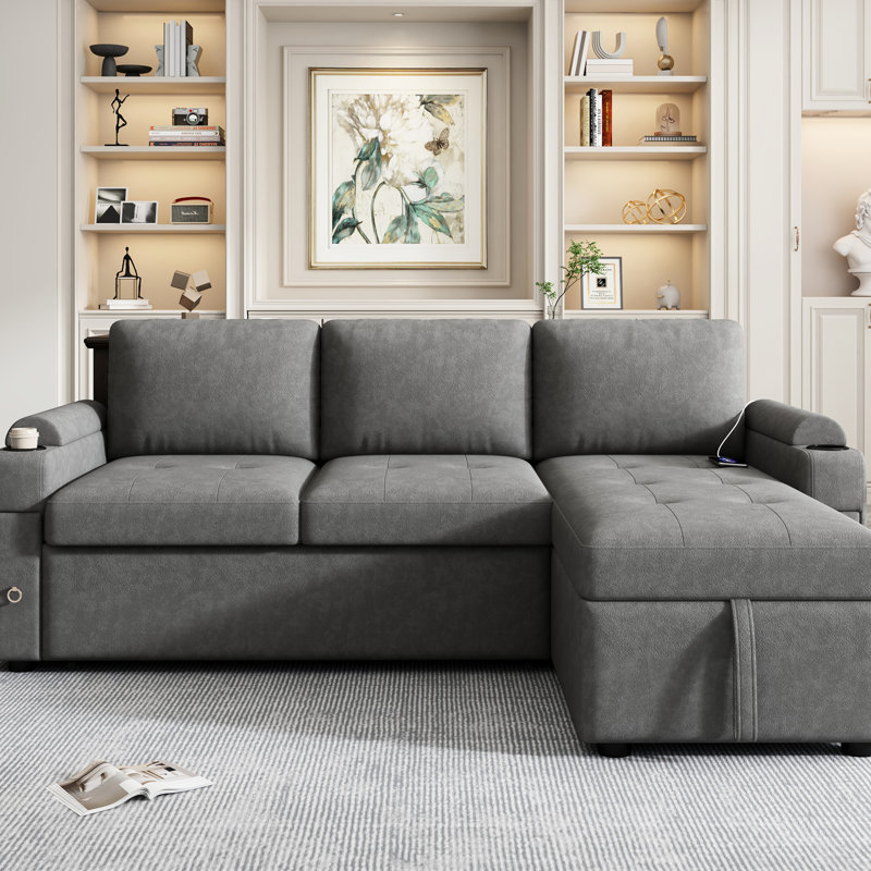 Lit gris avec rangement caché, porte-gobelets pratiques, espace de rangement modulaire en L à ports intégrés, ports, chenille, élégant