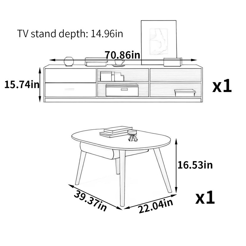 Solid wood style TV stand and coffee table set, Brown