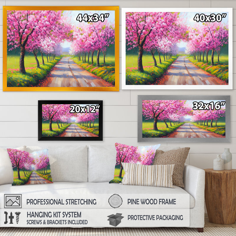 «Countryroad with Pink Blossoming Cherryflowers», reproduction sur toile, L 32 po x H 16 po, Cadre photo noir