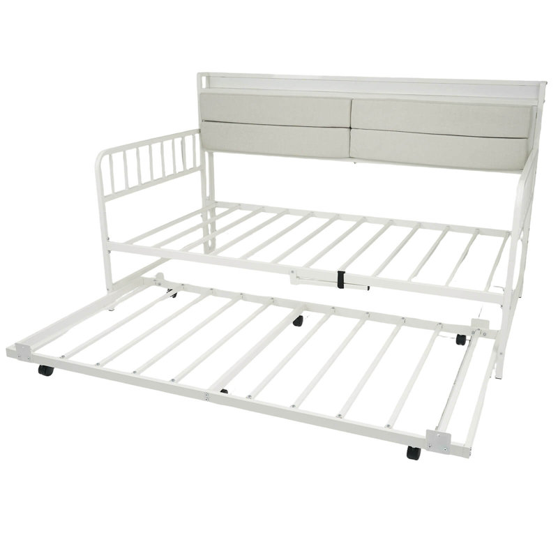 Lit de jour avec couchette avec lumières DEL et station de charge avec tête de lit tapissier blanche, White