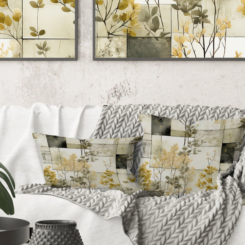 Green Cubic Botanical Dreams I - Patchwork Polyester Pillow